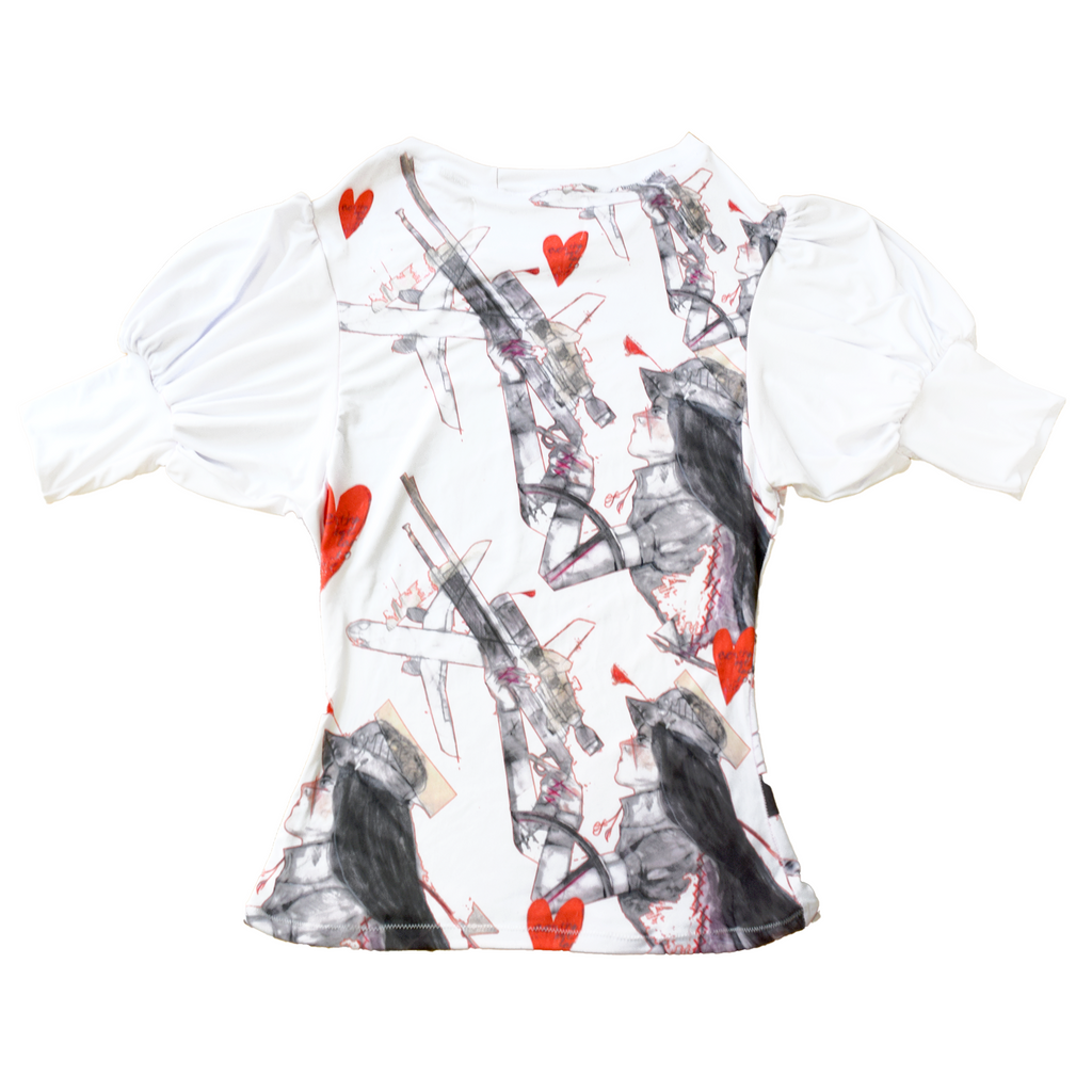 *positive archery* WHITE PUFF SLEEVE SCOOP NECK w/ ROSE  (MADE-TO-ORDER)