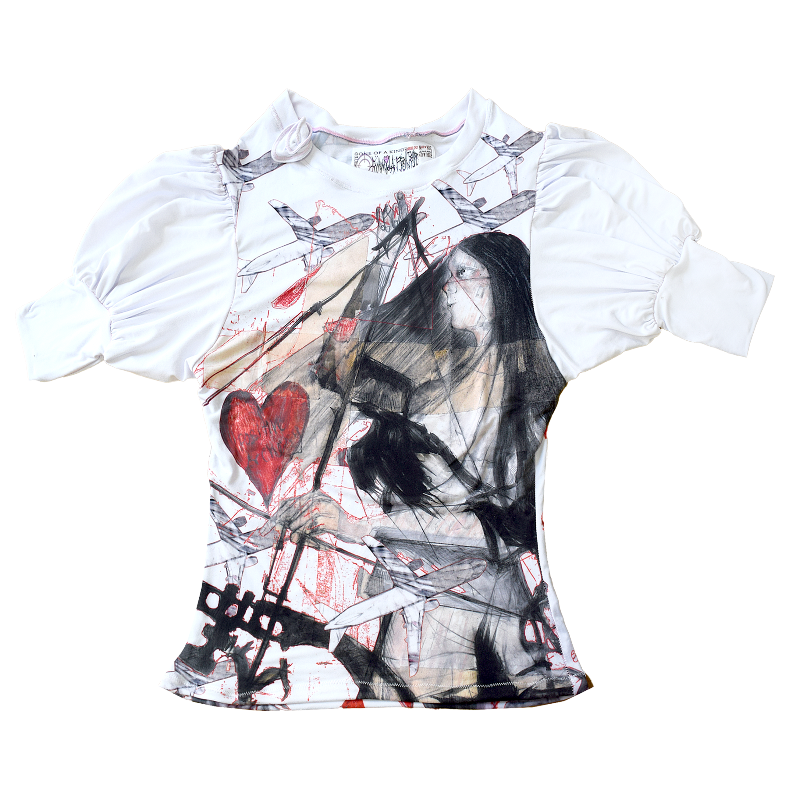 *positive archery* WHITE PUFF SLEEVE SCOOP NECK w/ ROSE  (MADE-TO-ORDER)